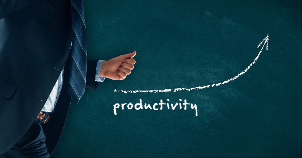 Be more productive | Man in suit moving towards arrow that says "productivity"