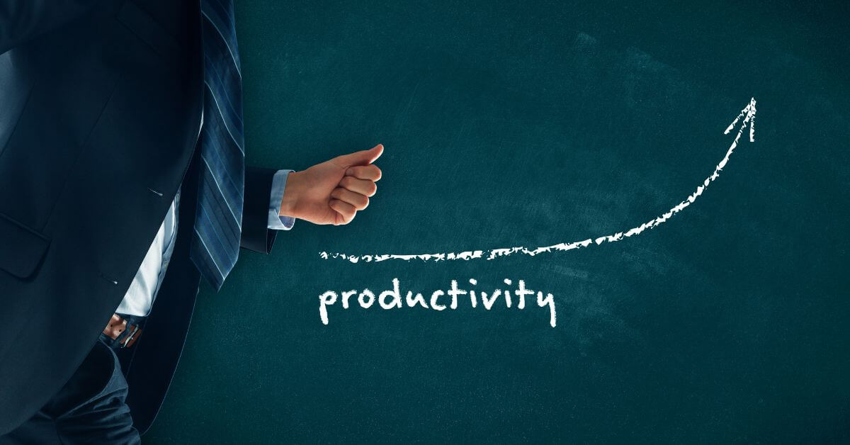 Be more productive | Man in suit moving towards arrow that says "productivity"