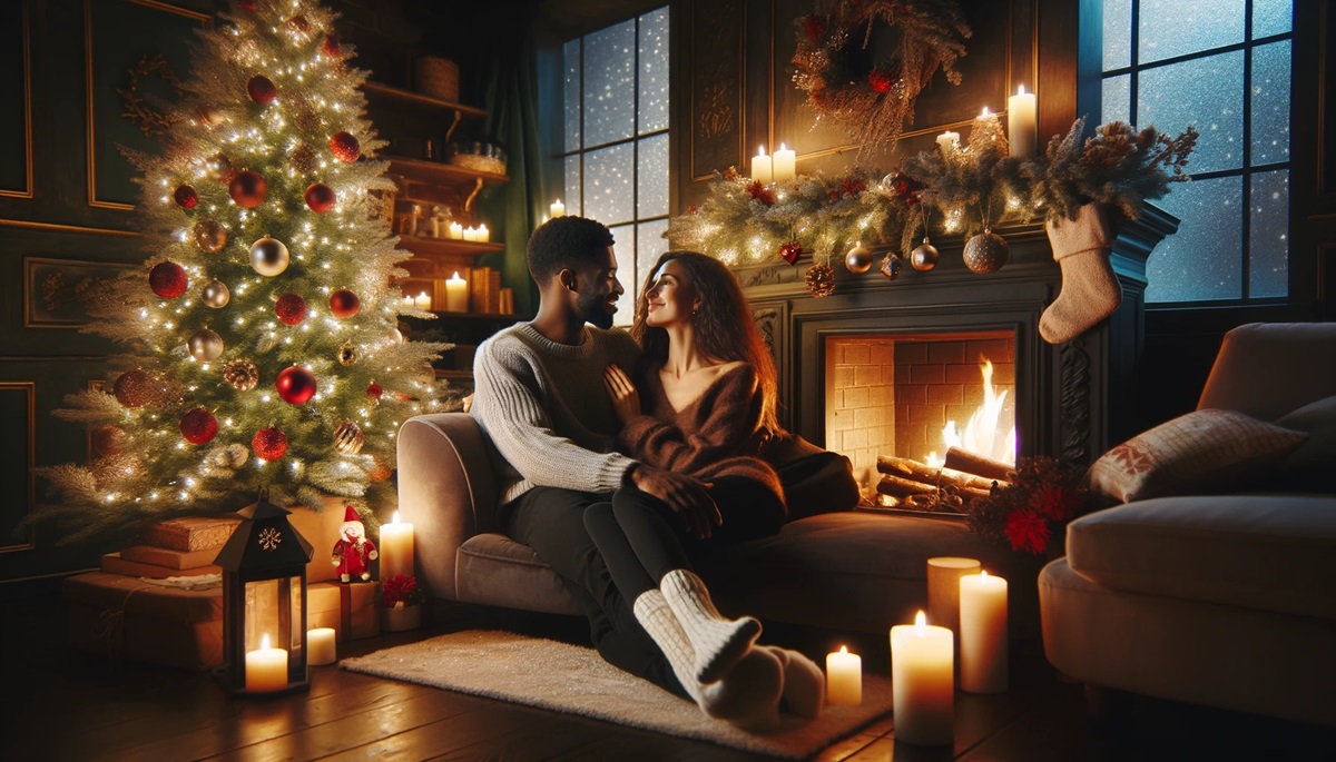 Couple Sitting By Christmas Tree